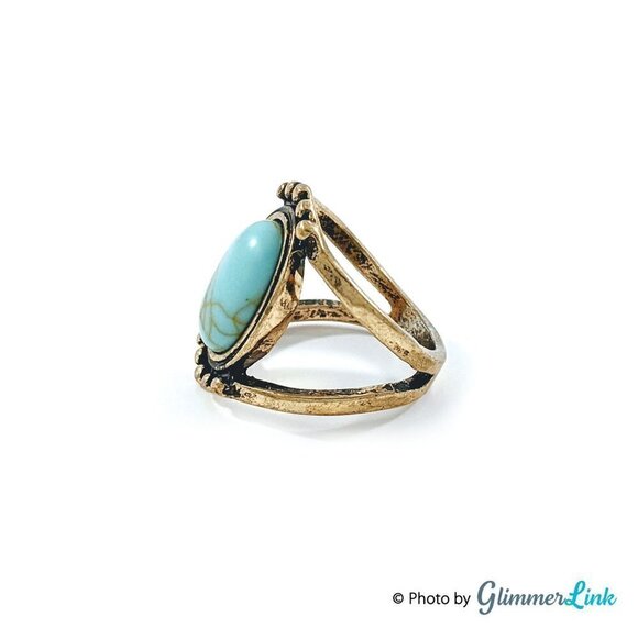Faux Turquoise Oval Cabochon Gold Tone Ring - Picture 3 of 8